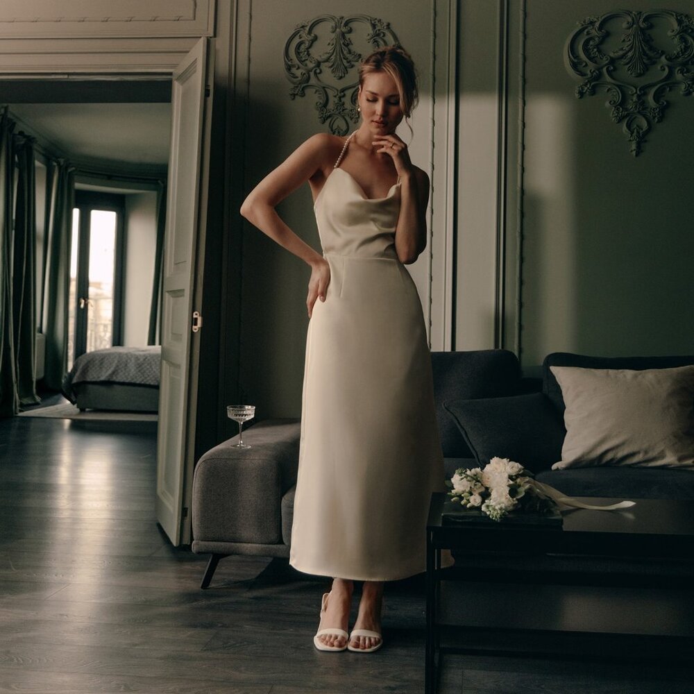 Satin midi dress with pearl halter NWT
